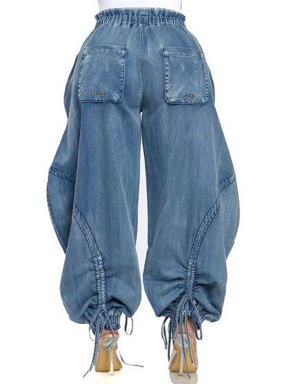 Casual Women's Blue Leg Tied Pants with Bow Loose and Slimming Straight Leg Jeans