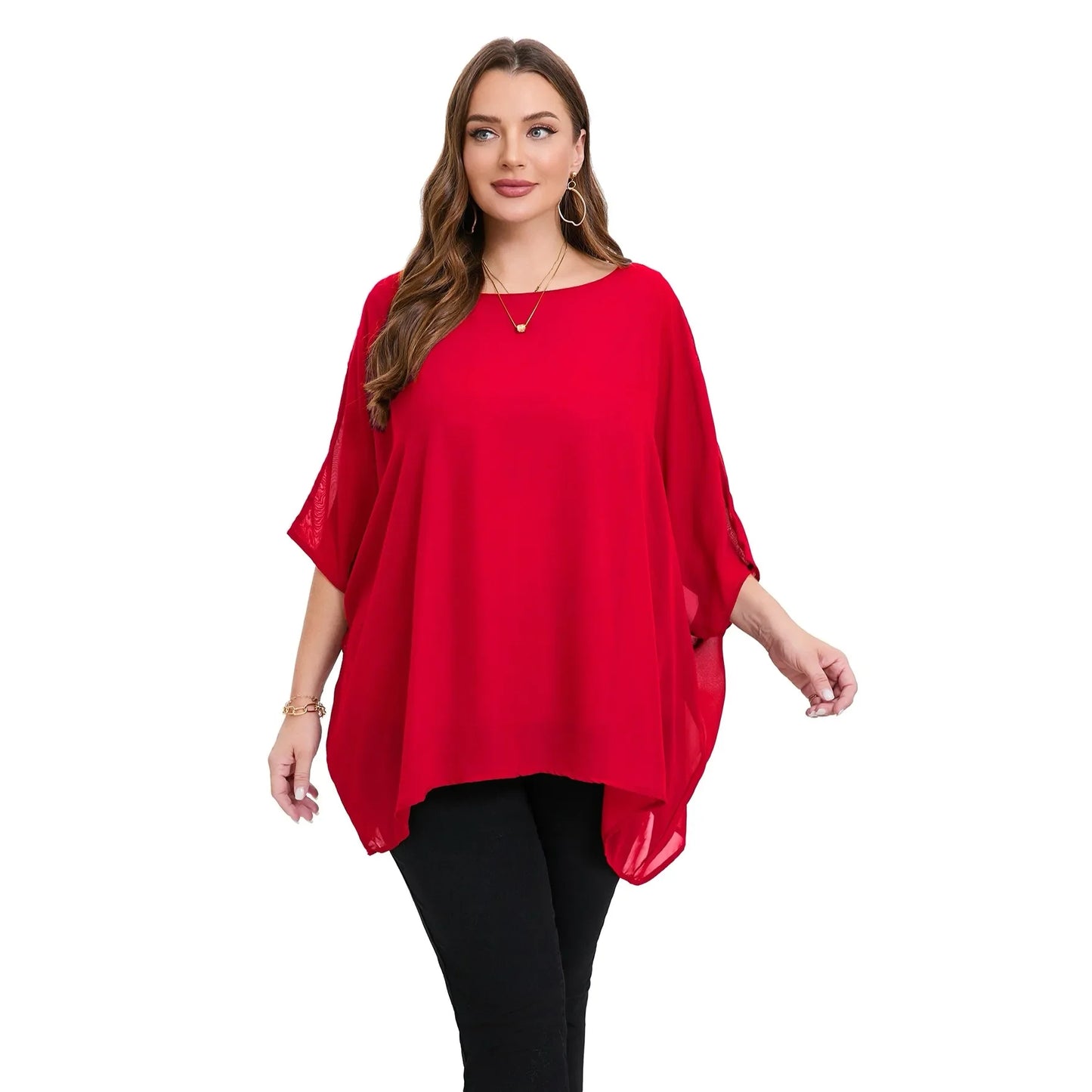 Womens Plus Size Elegant Summer Blouse Batwing Sleeve Oversized Chiffon Blouse Scoop Neck Large Size Casual Tunic Top Shirt 6XL - Shop & Buy