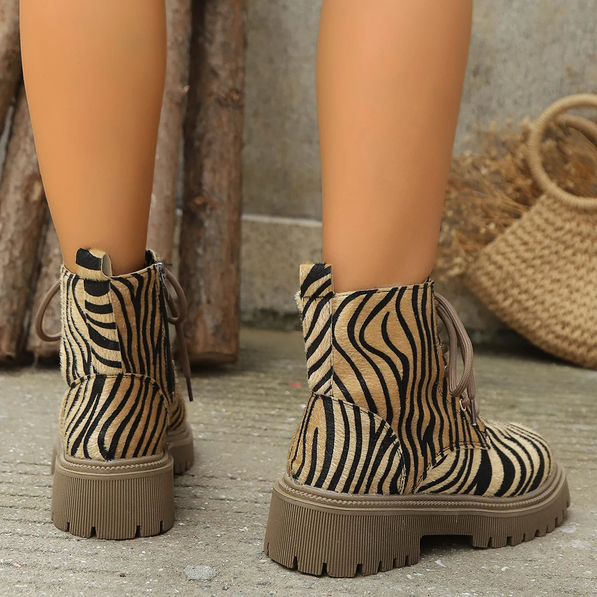 Zebra Print Ankle Boots for Women Fashion Zipper Lace Up Platform Combat Boots - Shop & Buy