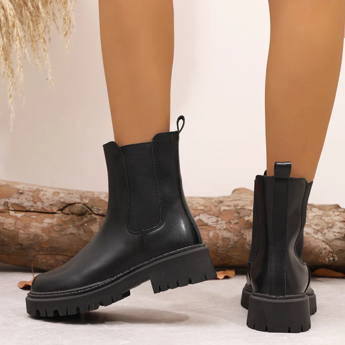 Women's Platform Black Chelsea Boots Fashion Round Toe Elastic Slip On Short Boots - Shop & Buy