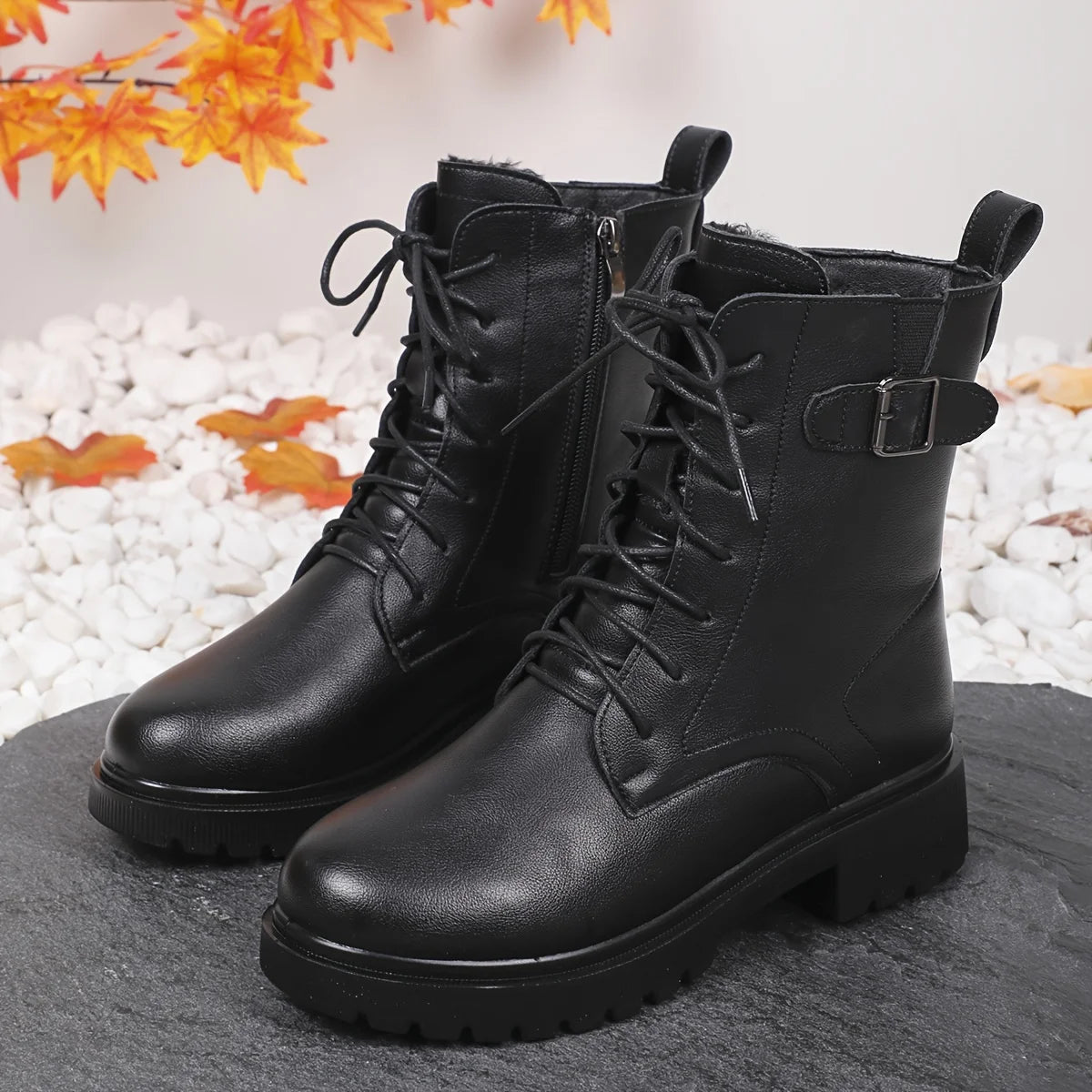 Women's Black Platform Ankle Boots Fashion Buckle Decor Lace Up Motorcycle Boots - Shop & Buy