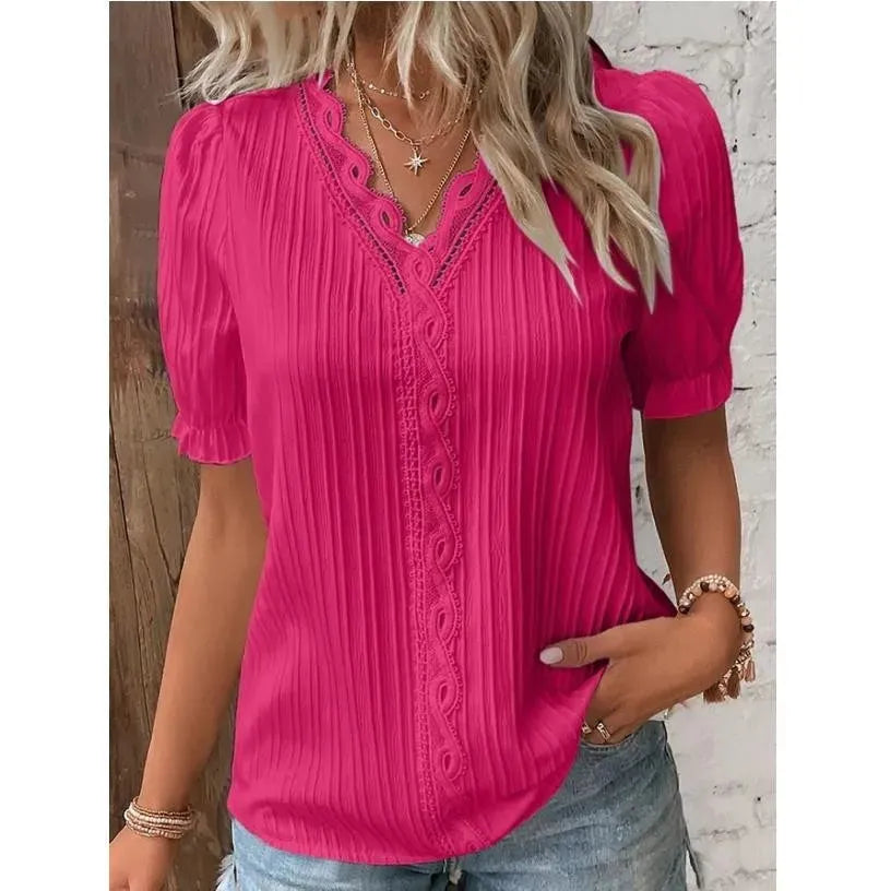 Women's Summer New Top Solid Sexy V-Neck Hollow Short Sleeve Shirt Fashion Splice Plus Size Blouse - Shop & Buy