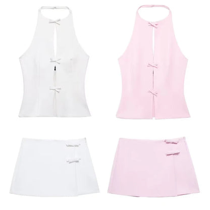 Women Fashion Bow Solid Halter Tops Women Hollow Out Sleeveless Backless Tank Top