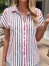 Load image into Gallery viewer, Plus Size Casual Blouse, Women&#39;s Plus Stripe Print Button Up Short Sleeve Turn Down Collar Shirt
