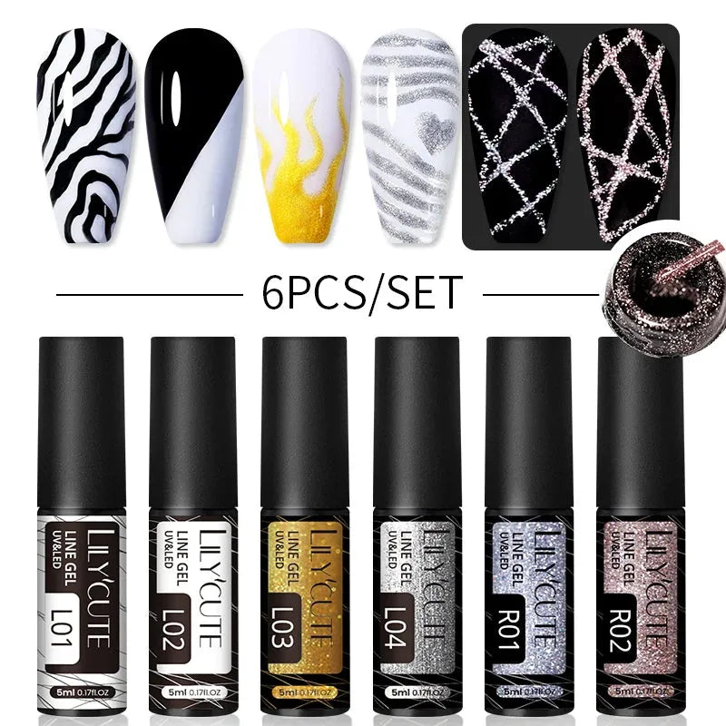 6Pcs/Set Reflective Colorful Liner Gel Nail Polish Kit Sparkling Glitter Flower Drawing Painting Stripe Pull Line Gel - Shop & Buy