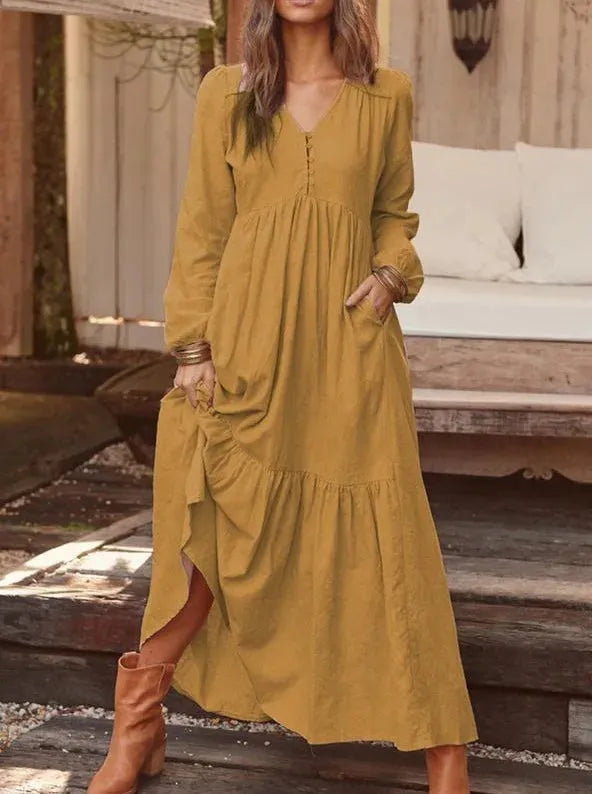 Women's Dresses Button Retro Casual Long Sleeved Long Skirts 2024 Autumn Winter New Solid Color Plus Size Female Clothing - Shop & Buy