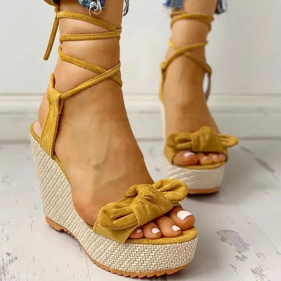 Womens Bow Knot Platform Wedge Sandals - Stylish Peep Toe Ankle Straps Lightweight Espadrille Comfort Heels - Shop & Buy