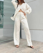 Load image into Gallery viewer, White Satin Wide Leg Trousers Suit for Women Spring Office Leopard Print Two-piece Set
