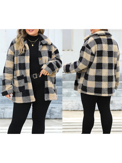 Women Winter Coat Stylish Long Sleeve Plaid Coat with Button Closure Fashionable Casual Jacket for Warm Outwear