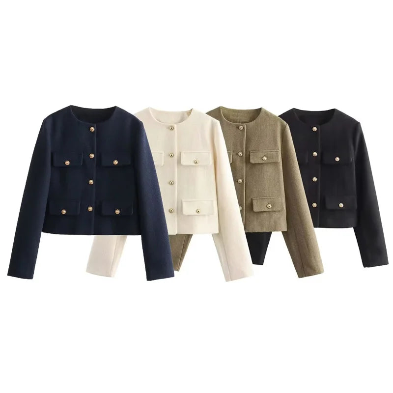 Tweed Cropped Jacket Women's Fashion Jacket Demi-Season O-Neck Long Sleeved Flip Pocket Coat Chic Elegant Ladies Tops