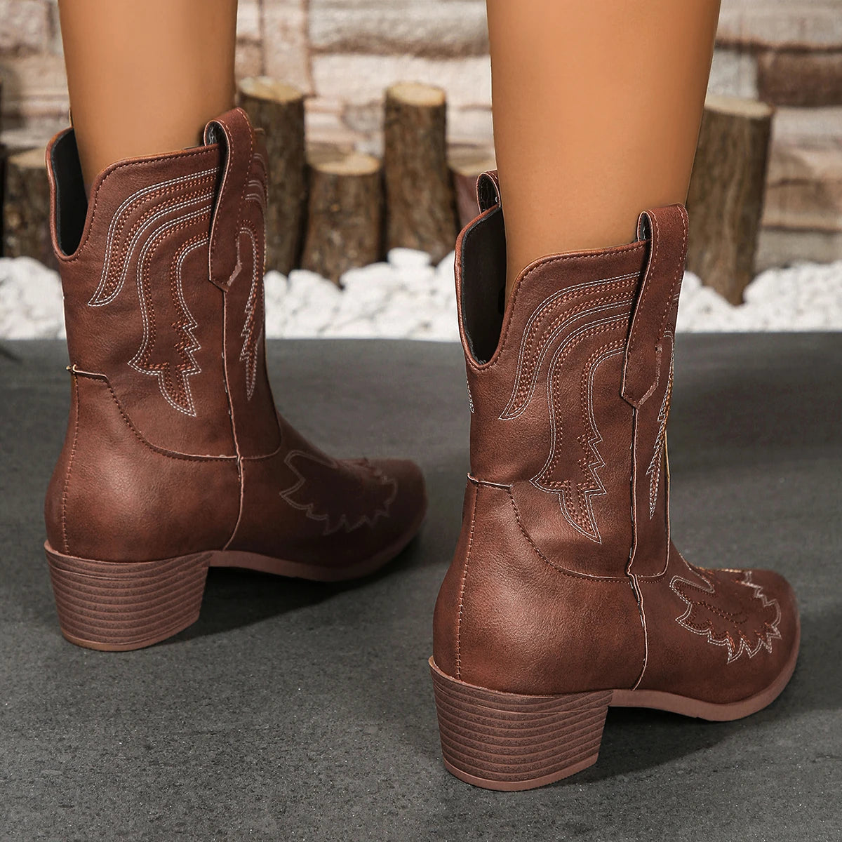 Women's Embroidery Ankle Boots Retro V-Cut Pointed Toe Chunky Heeled Western Boots - Shop & Buy