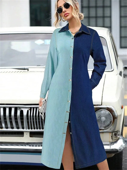 Plus Size Denim Dresses Women Long Sleeve Casual Button Pockets Pathwork Maxi Dress Fall Clothes