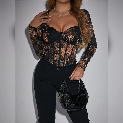 Y2K Retro Style Clothes Women,Jumpsuits Long Sleeve V Neck Black ,Sexy Lace Embroidery Floral Printed Backless Bodysuit