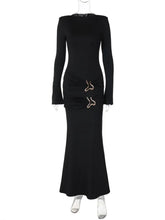 Load image into Gallery viewer, Elegant Black Pleated Metal Button Long Dress Women Long Sleeve O-neck Bodycon Dresses
