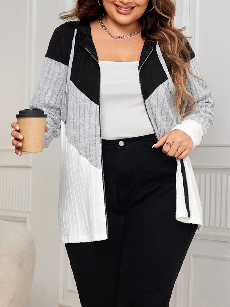 Women s Plus Size Hooded Cardigan Sweater with Zipper Closure and Ribbed Detailing for a Casual and Cozy Look