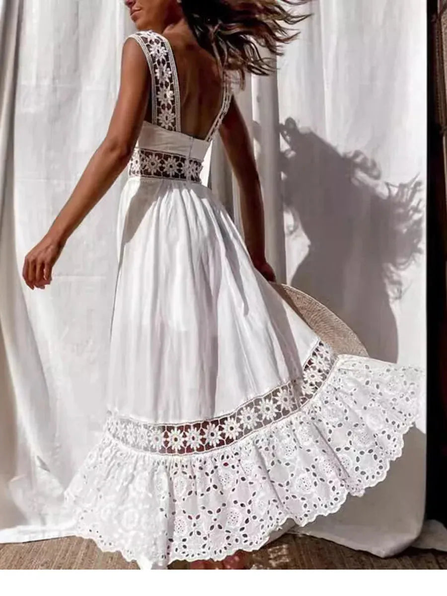 Women's Long Maxi Dress Elegant Sleeveless Solid Color Slip White Lace Frock Sexy Hollow Out One Piece Skirt Summer Beach Wear - Shop & Buy