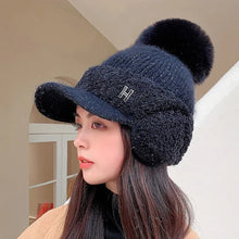 Load image into Gallery viewer, Winter Women Ear Protection Baseball Cap Letters Thickened Fur Ball Caps Fashion Knitting Warm Ladies Duck Tongue Hat
