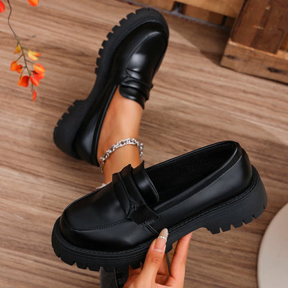 Rimocy Solid Color Platform Loafers Shoes for Women Spring New Black Pu Leather Flats Woman Comfortable Slip On Boat Shoes