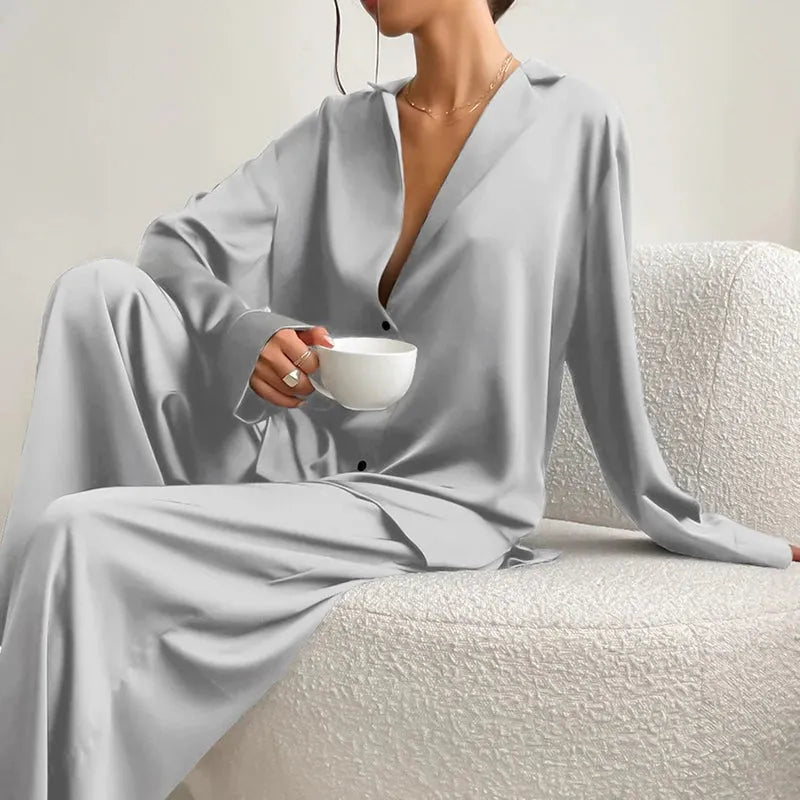 Women's Satin Silk Sleepwear Low Cut Sexy Home Clothes Pajamas For Femme Single-Breasted Long Sleeves - Shop & Buy