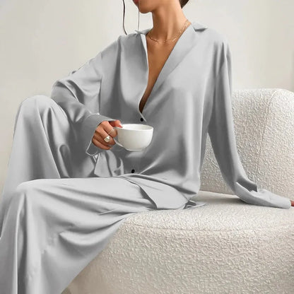 Women's Satin Silk Sleepwear Low Cut Sexy Home Clothes Pajamas For Femme Single-Breasted Long Sleeves - Shop & Buy