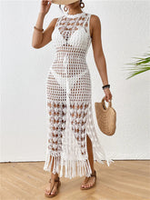 Load image into Gallery viewer, Fringe Tassel Beach Cover Up Women White Hollow Out Crochet Knitted Tunic Split Long Dress
