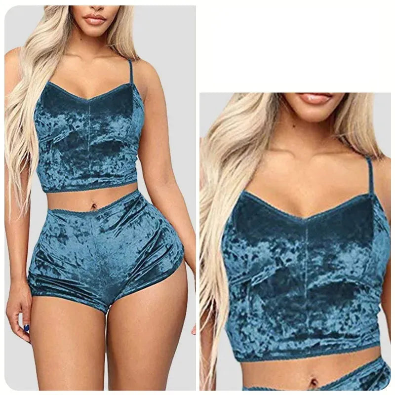 Women's Velvet Polyester Comfortable V-neck Underwear Setcamisole+shorts Pajamas Set - Shop & Buy