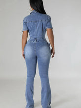 Load image into Gallery viewer, Sexy Women Denim Jumpsuits Short Sleeve Turn Down Collars Buttons Pockets Flared Pants Denim Bodysuit
