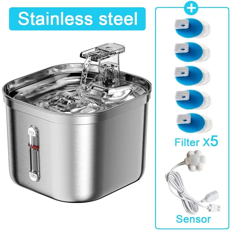 2.2L/73oz Cat Water Fountain Stainless Steel Pet Water Fountain for Cats Inside 1Filters&Ultra-Quiet Pump Dog Pet Water Fountain