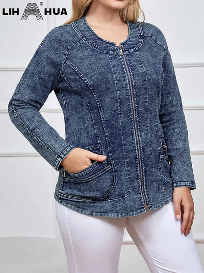 Women's Plus Size Denim Jacket Autumn Chic Elegant Jacket For Chubby Women Cotton Woven Jacket - Shop & Buy