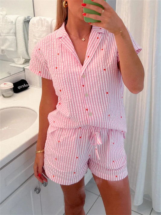 Women’s 2 Piece Casual Sets Lounge Outfits Cute Love Striped Print Short Sleeve Shirt + Drawstring Lace up Shorts Sets - Shop & Buy