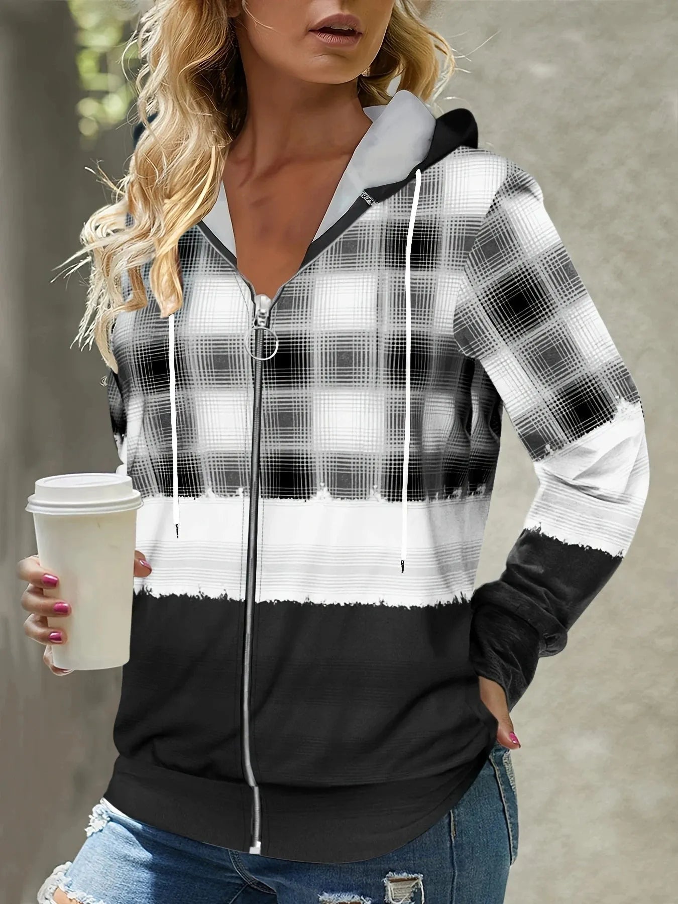 Women's fashionable zippered hooded plaid printed hoodie - Shop & Buy