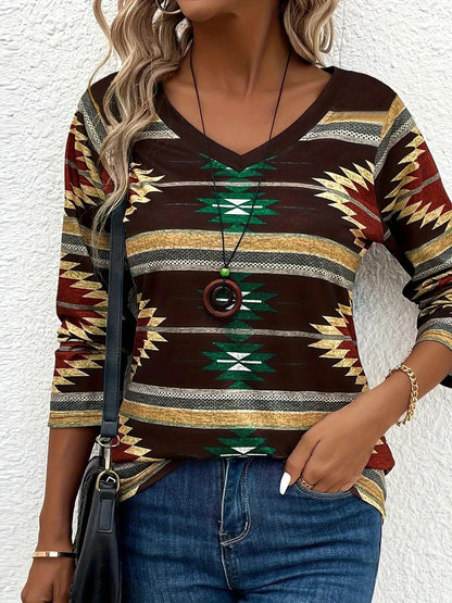 Women's fashionable ethnic style geometric V-neck long sleeved top - Shop & Buy