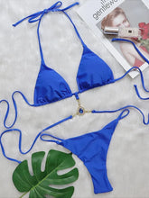 Load image into Gallery viewer, Luxury Designer Bikini Solid Blue Rhinestone Diamond Thong Swimsuit
