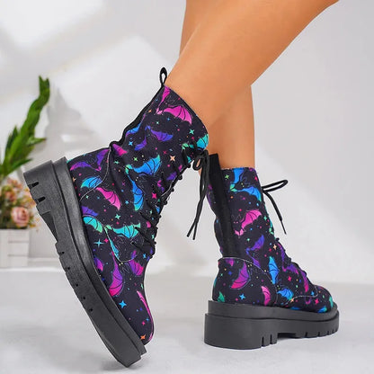 Women's Fashion Graffiti Printed Ankle Boots Platform Lace Up Flat Combat Booties Woman Non Slip Pu Leather Short Boots - Shop & Buy