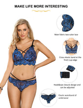 Load image into Gallery viewer, Sexy Lingerie Sets Blue Push Up Curvy Women&#39;s Underwear Panties Adjustable Lace Cross Straps Button Lenceria Large Size Bra Sets
