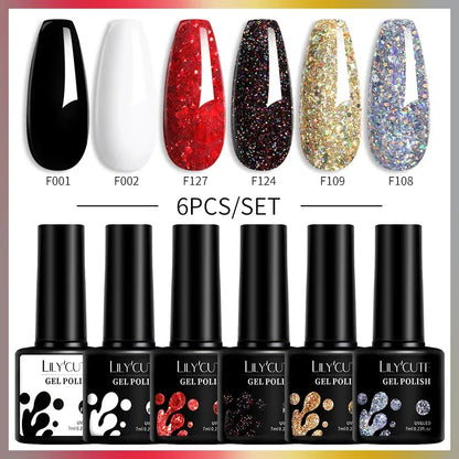 6PCs/Set Gel Nail Polish Set Kit Glitter Nail Gel Sequin Vernis Semi Permanent For Manicure Varnish UV LED Nail Art Gel - Shop & Buy