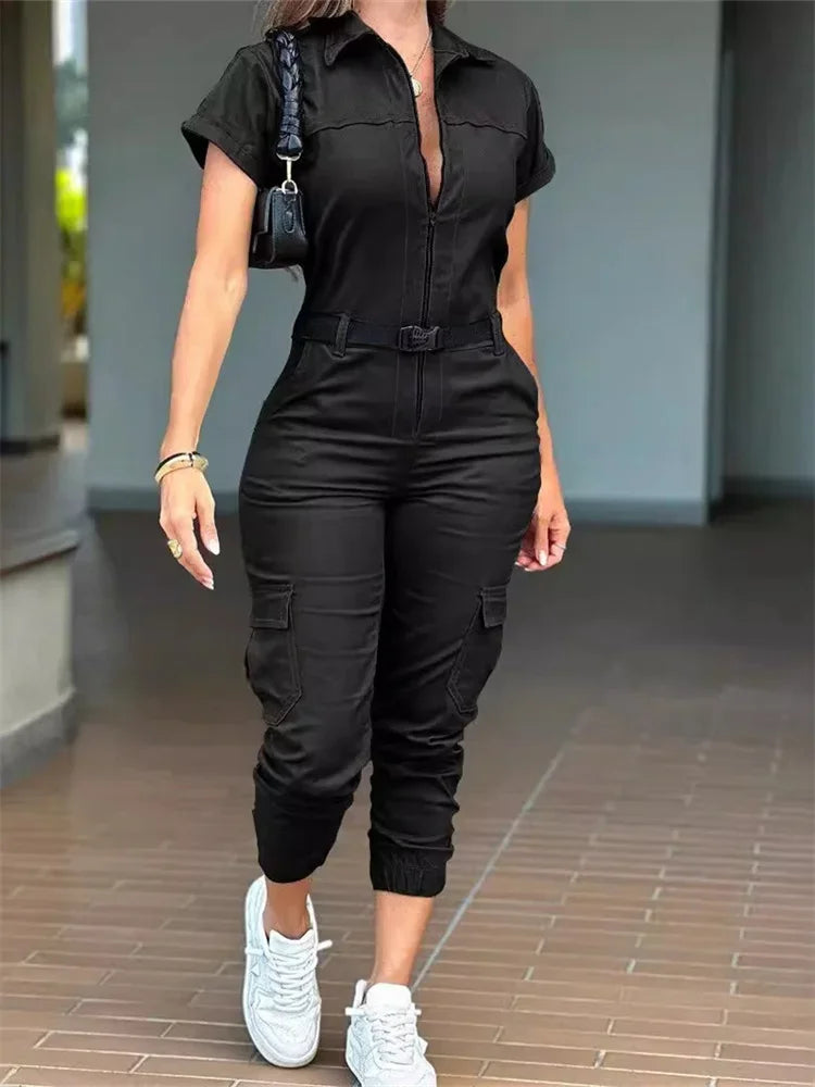 New Zipper Workwear Jumpsuit with Short Sleeved Collar Multiple Pockets Waist Belt