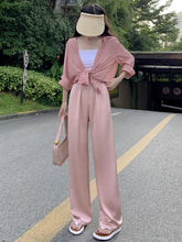 Load image into Gallery viewer, Satin Women&#39;s Wide Trousers Summer Thin Beige Ice Silk Straight Pants Floor-length Baggy Stacked Pants
