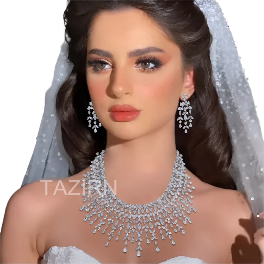 CZ Luxury Jewelry for Women Bridal Jewelry Set for Wedding Anniversary Silver Necklace and Earring Bracelets Rings Sets