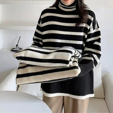 Load image into Gallery viewer, Striped Turtleneck Sweater Women&#39;s Long-sleeved Loose Outer Slit Top Warm Thickened Knit Casual Streetwear
