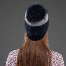 Load image into Gallery viewer, Women Hat Winter Sequins Knitted Rabbit Fur Beanies Fashion Warm Casual Hats With Natural Raccoon Fur Pompom Cap
