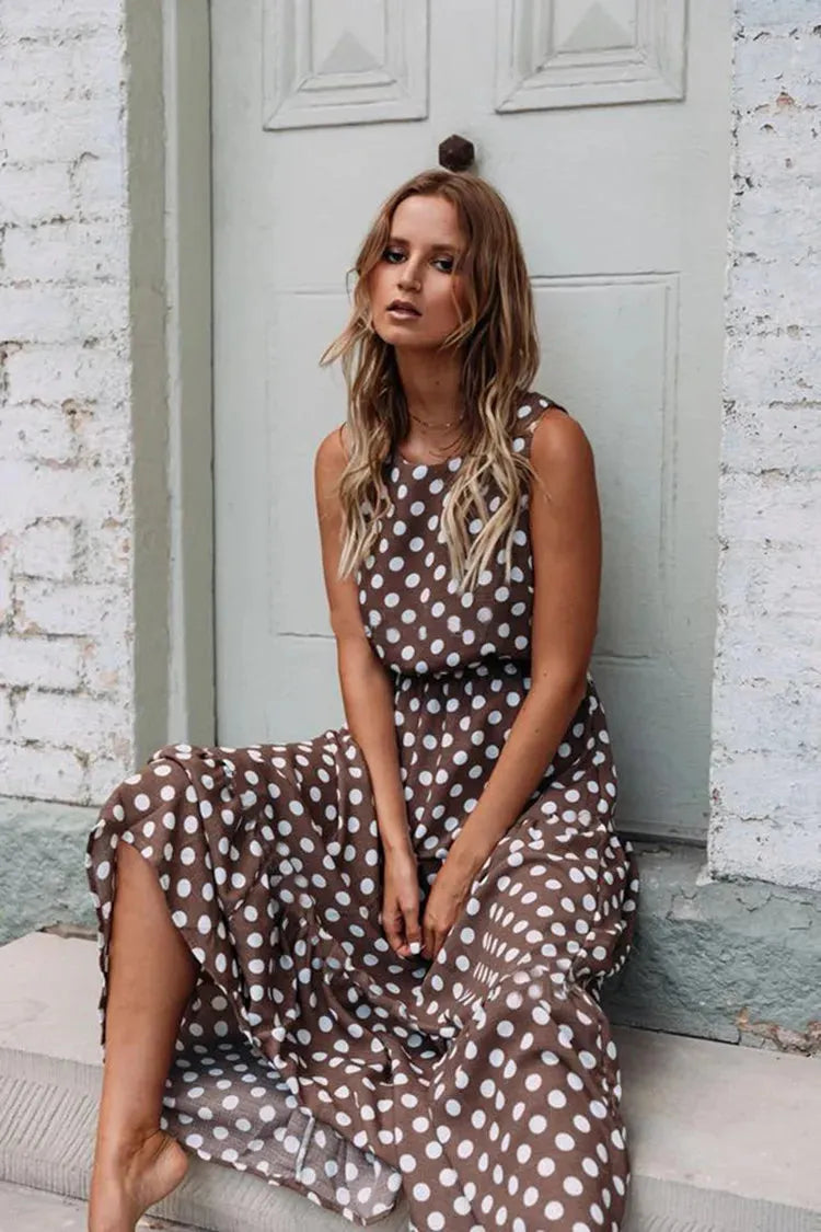 Women Y2K Long Skirt Printed Polka Dot Dress Round Neck Tank Skirt Elegant Female Dress Summer Sleeveless Outfits - Shop & Buy