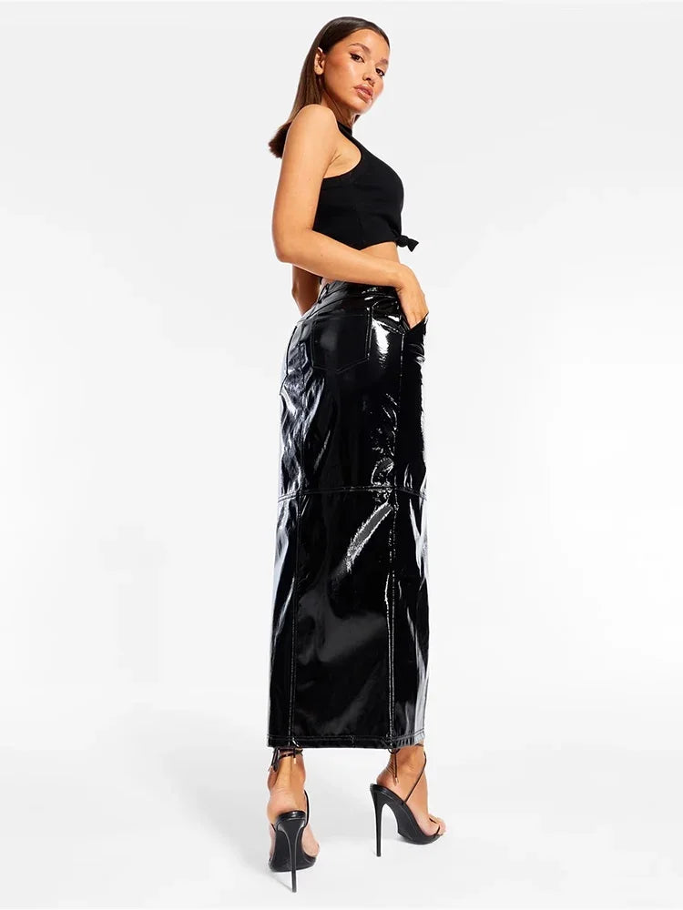 Gothic Shiny Patent Leather Midi Skirt Women Punk Splicing Faux Latex High Split Maxi Skirt Party Ladies PVC Clubwear