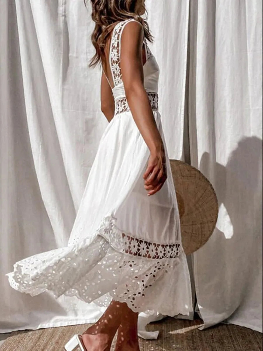 Women's Long Maxi Dress Elegant Sleeveless Solid Color Slip White Lace Frock Sexy Hollow Out One Piece Skirt Summer Beach Wear - Shop & Buy