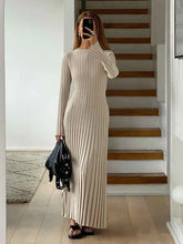 Load image into Gallery viewer, Women Elegant Solid Pleated Knitted Maxi Dress Casual Round Neck Long Sleeve Lace Up Dresses
