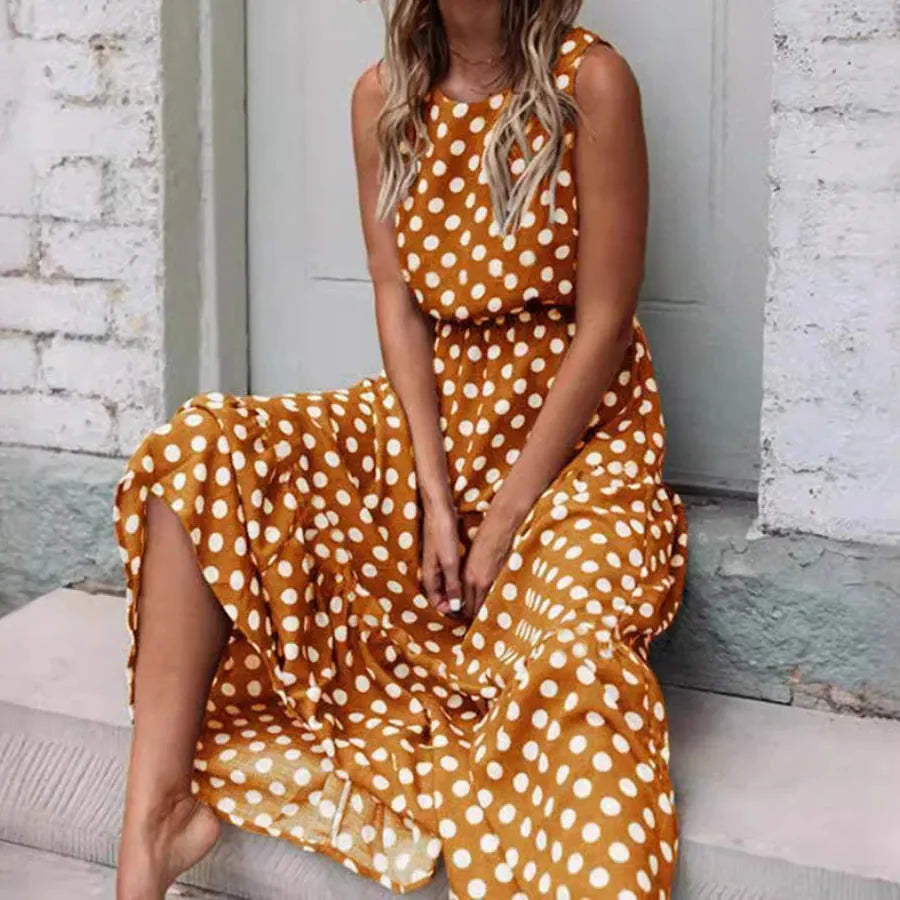 Women Y2K Long Skirt Printed Polka Dot Dress Round Neck Tank Skirt Elegant Female Dress Summer Sleeveless Outfits - Shop & Buy