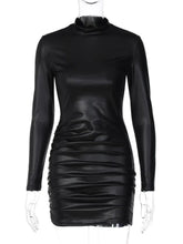 Load image into Gallery viewer, Sexy Imitation Leather Folds Slim Bodycon Dress Women Soild Color Long Sleeves Skinny Mini Dress
