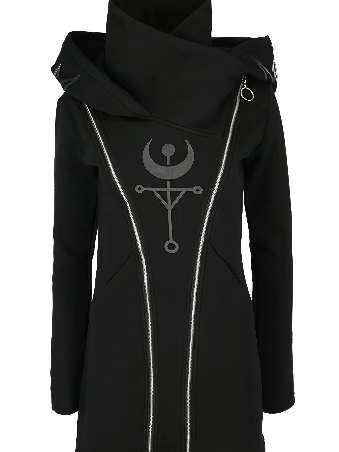 Women's Gothic Zip-Up Hooded Jacket | Sun Moon Geometric Print | Durable All-Season Streetwear - Shop & Buy