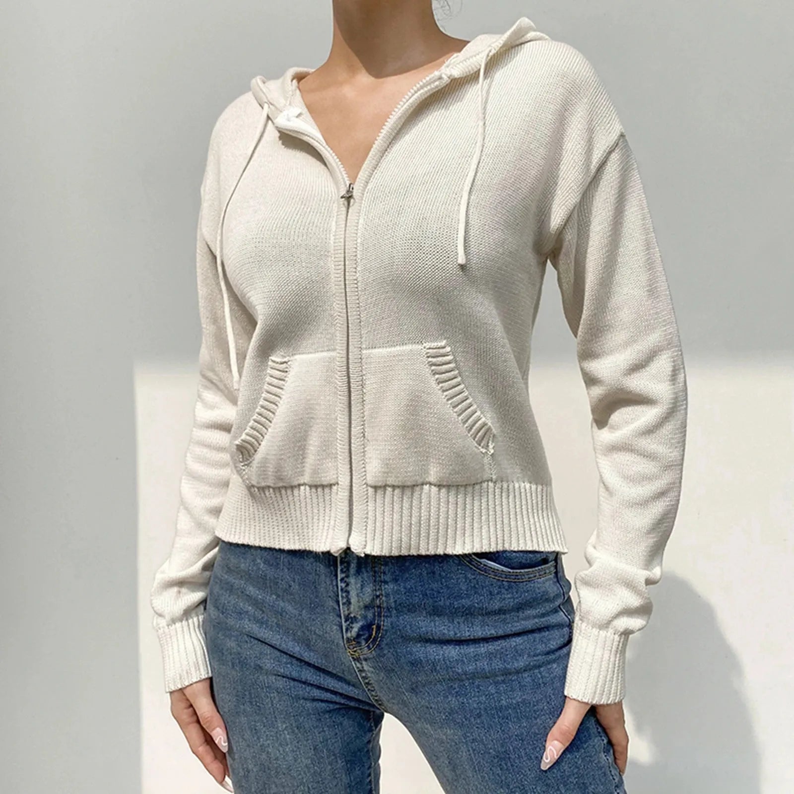 Women’s Full Zip Knit Hoodies Casual Sweaters Solid Color Long Sleeve Drawstring Sweatshirts - Shop & Buy