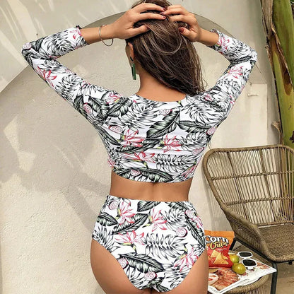 Women's Flower Print Swimsuit Two Piece Set Long Sleeve Conservative High Waist Swimwear Beach Vacation Bikini Bathing Suit - Shop & Buy